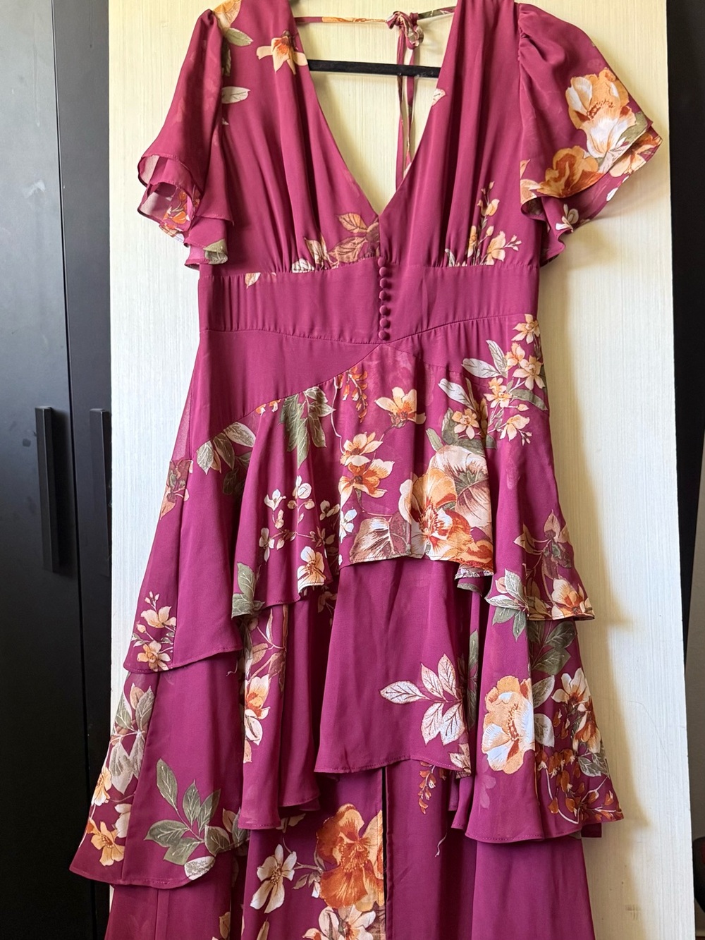 Lulus Floral Tiered Burgundy Maxi Dress - Size Large - Beautiful!